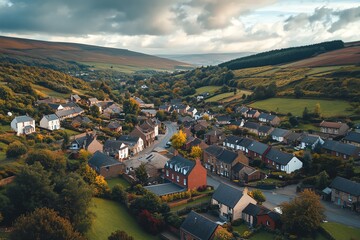 Drone shot of a quaint village nestled in the hills.