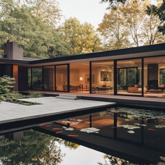 Obraz premium comfortable accommodation with a fish pond in front of the terrace