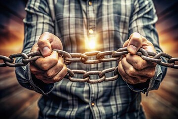 a man with his hands wrapped around a chain that says  no