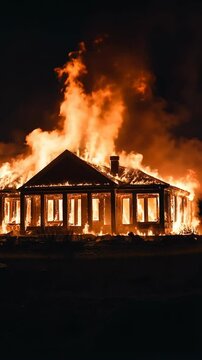 A house engulfed in flames burns brightly against a night sky