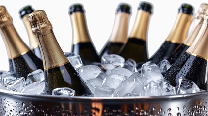 A collection of bottles in an ice bucket on a table, suggesting a refreshing beverage for social gatherings or warm weather
