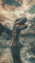 Fototapeta premium The legendary Loch Ness Monster, the famed lake monster of Loch Ness in Scotland, rears out of the waters of the lake. Mysterious landscapes and legendary monsters.