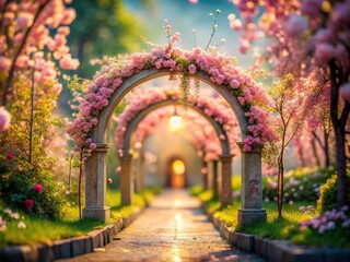 Pink and white petals, a miniature scene frozen in time, with a tilt-shift perspective.