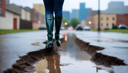 a wet sidewalk, with a blurred background of buildings