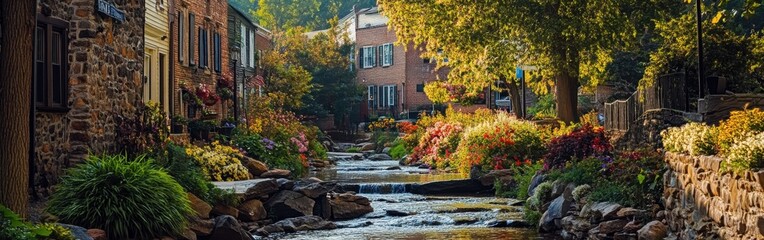 Obraz premium A serene afternoon in a picturesque village with charming homes and vibrant gardens along the gentle stream