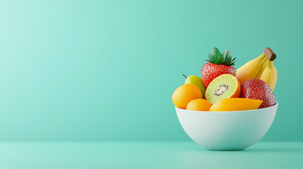 Vibrant Bowl of Fresh Fruits Including Bananas, Strawberries, and Kiwi on a Smooth Gradient Background for Healthy Lifestyle Concepts