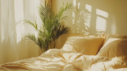 Sunlit Bedroom with Palm Plant and Soft Bedding