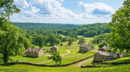 A scenic view of First State National Historical Park featuring lush greenery and historic buildings on a sunny day