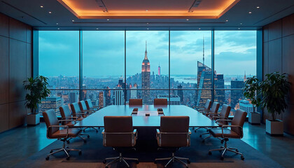 Plakat Modern boardroom with NYC skyline view, sleek decor, and professional ambiance.