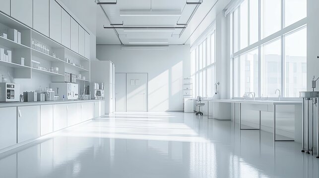 Modern, All-White Laboratory Interior with Bright Sunlight Streaming Through Large Windows