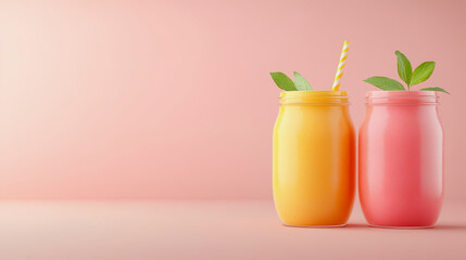 Fresh and Colorful Healthy Smoothies in Transparent Jars with Straws Against a Soft Gradient Background for a Vibrant and Inviting Visual Appeal