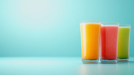 Fototapeta premium Fresh and Vibrant Smoothies in Glasses Against a Soft Gradient Background, Perfect for Promoting Healthy Lifestyles and Colorful Beverages for Nutritional Choices