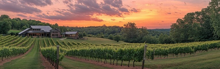 Naklejka premium Vineyards at sunset with rolling hills and dramatic clouds in the background