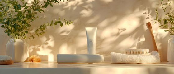 A serene bathroom setting featuring natural elements and skincare products on a minimalistic countertop.