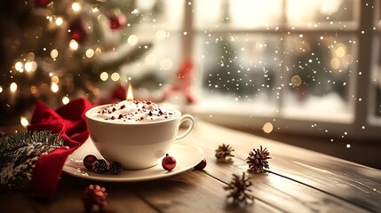 Fototapeta premium Cozy Winter Latte with Holiday Decorations and Snowflakes by the Window : Generative AI