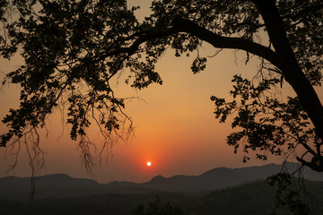 Beautiful Sunset view of satpura mountain range, View from Sunset point, Pachmarhi, Madhya Pradesh, India.