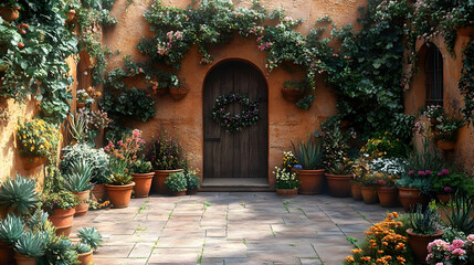 Fototapeta premium A serene courtyard adorned with vibrant plants and a welcoming wooden door surrounded by lush greenery.