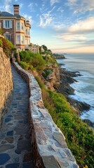 Obraz premium Enjoying a tranquil walk along the stunning coastal Cliff Walk at sunset with views of the crashing waves and lush greenery