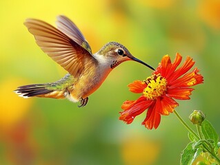 Fototapeta premium small hummingbird delicately hovers air sipping nectar bright red flower its wings rapid motion amidst softly blurred green background.