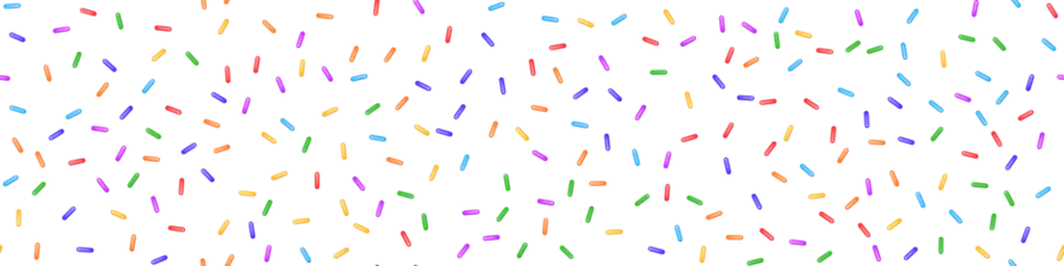 Rainbow sprinkles on white as a seamless pattern. Cute party bg with confetti. Ice cream and bakery topping. Holiday vector illustration