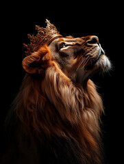 Fototapeta premium Majestic Royal Lion with Gold Crown Against Dark Background