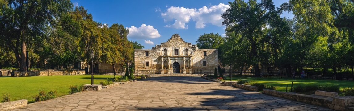 Explore the historic Alamo surrounded by lush greenery in San Antonio, Texas, on a bright sunny day