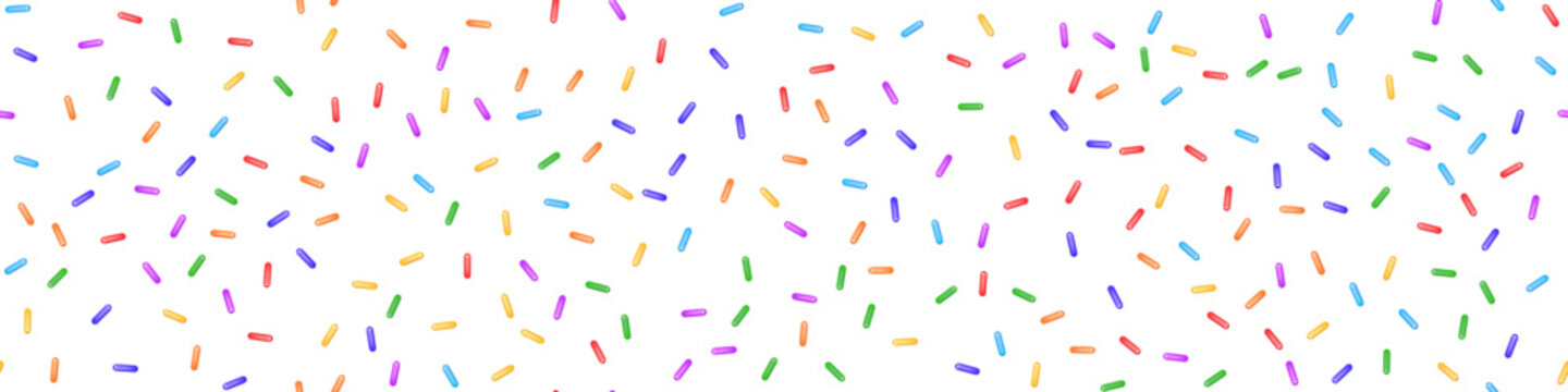 Rainbow sprinkles on white as a seamless pattern. Cute party bg with confetti. Ice cream and bakery topping. Holiday vector illustration