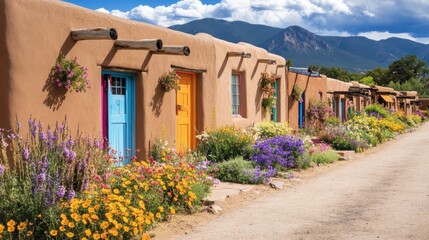 Charming adobe buildings adorned with vibrant flowers along a scenic dirt road in a picturesque mountain setting on a sunny day