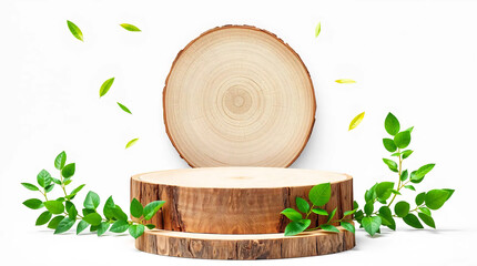 Wood slice podium and green flying leaves on white background. Concept scene stage showcase for new product, promotion sale, banner, presentation, cosmetic. Wooden stand studio empty