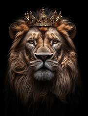 Fototapeta premium Majestic King Lion Portrait Wearing Ornate Gold Crown