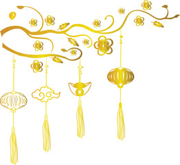 Ochna blossom (Apricot blossom) with decorations: lanterns and gold coins