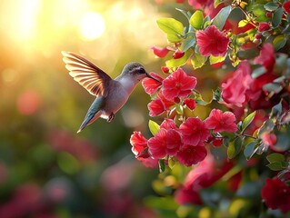 Naklejka premium hummingbird hovers delicately feed vibrant red flower its wings blur motion softly blurred background green foliage illuminated bright natural light.