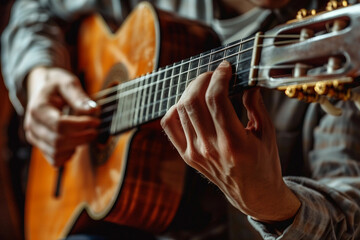 Fototapeta premium Generative AI Image of a Guitarist Performing with Acoustic Guitar