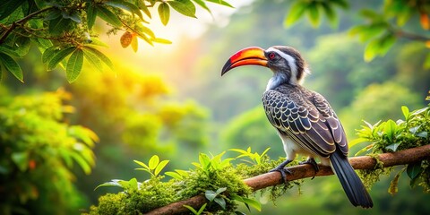 Obraz premium Silently observing, the African grey hornbill perches on a branch, its beauty captivating all who behold it.