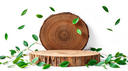 Wood slice podium and green flying leaves on white background. Concept scene stage showcase for new product, promotion sale, banner, presentation, cosmetic. Wooden stand studio empty