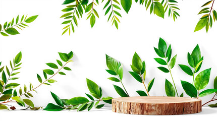 Wood slice podium and green flying leaves on white background. Concept scene stage showcase for new product, promotion sale, banner, presentation, cosmetic. Wooden stand studio empty