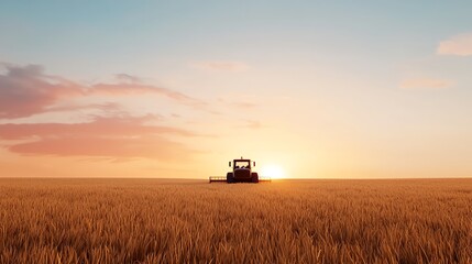 A tractor in a golden wheat field during sunset, showcasing agricultural beauty and serenity.