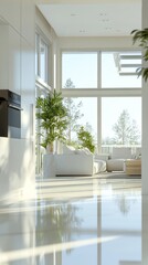 Fototapeta premium Sunlit modern interior with floor-to-ceiling windows, reflecting polished floors, and lush indoor plants creating a serene, airy atmosphere in a minimalist living space.