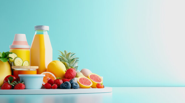 Fresh Organic Food Selection on Smooth Gradient Background Featuring Juicy Fruits and Refreshing Beverages in Design for Healthy Lifestyle Imagery - Powered by Adobe