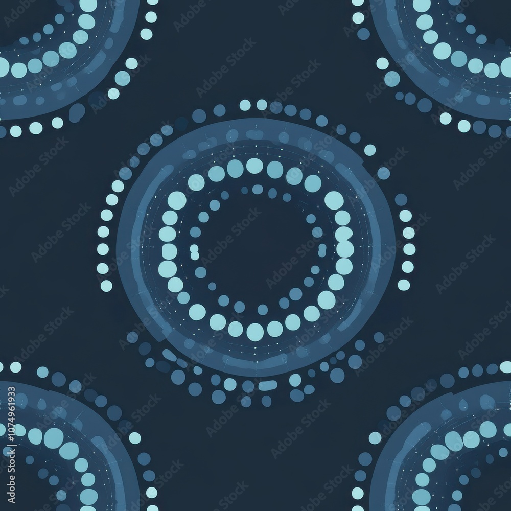 Poster An intricate pattern of abstract digital circles and dots designed in soothing blue shades against a dark background