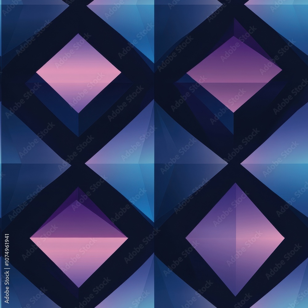 Poster geometric pattern featuring bold diamond shapes in vibrant blue and purple hues arranged in a repeat