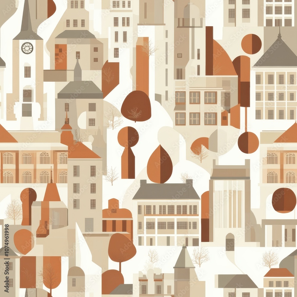 Poster abstract university pattern showcasing buildings and nature in warm tones of orange and beige agains