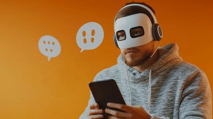 Futuristic man in VR headset and hoodie using smartphone, with speech bubbles floating above, against vibrant orange background. Concept of virtual communication.