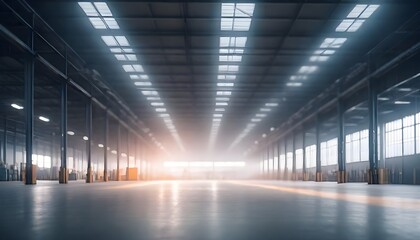 Large industrial warehouse with rows of fluorescent lights and a hazy, blurred background