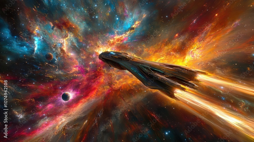 Poster a panoramic view of a futuristic spaceship cruising through vibrant nebulae in deep space during cos