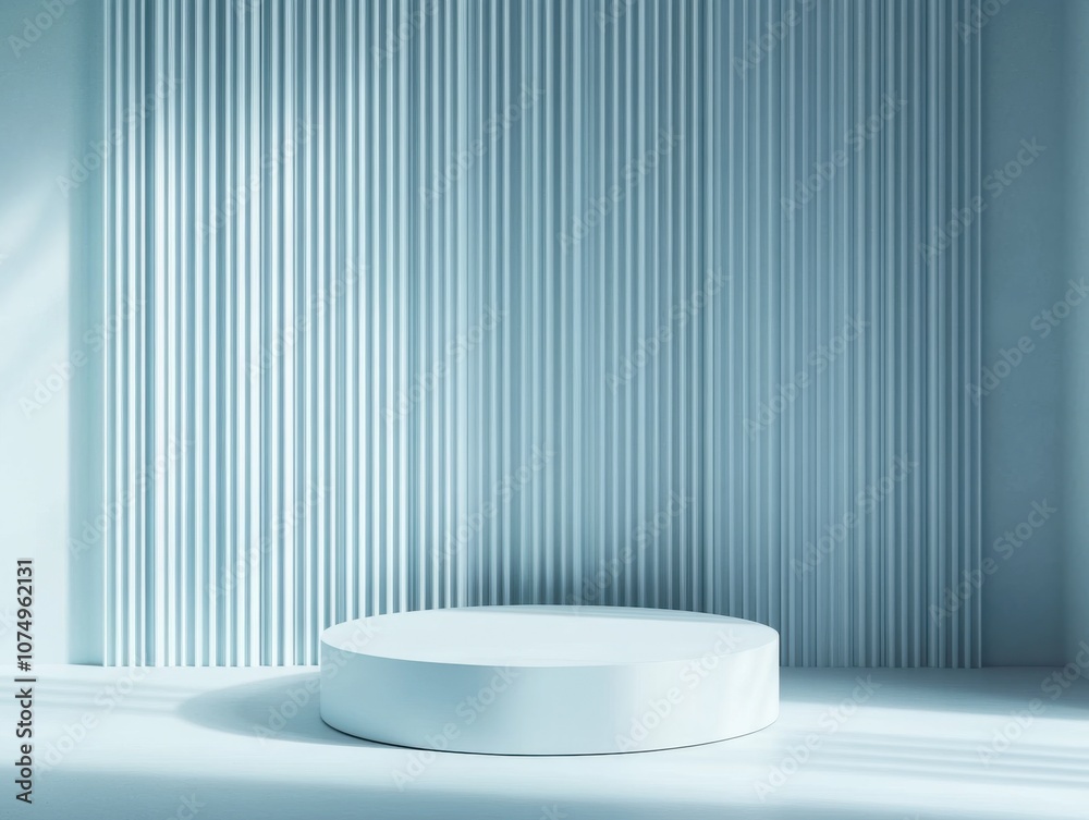 Poster Minimalist pale blue backdrop with circular platform for display or presentation, ideal for product showcasing in a modern setting
