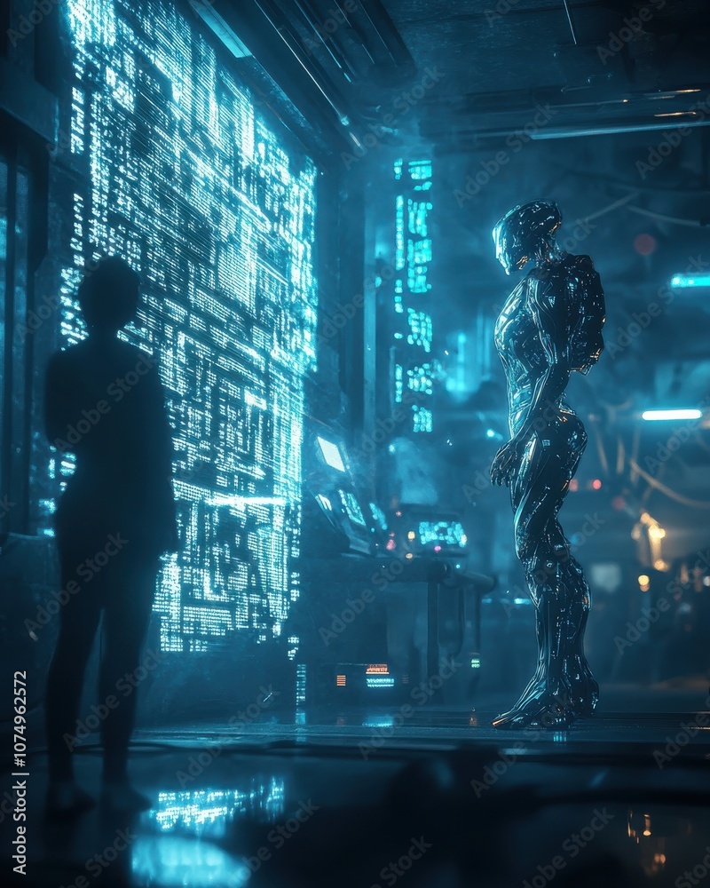 Leinwandbilder a highly advanced robot stands before a human, interacting with a digital display in a futuristic la