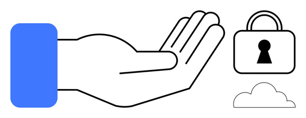 Open hand with blue sleeve, padlock, and cloud icon. Key themes security, trust, protection, cloud services, data privacy online safety and digital reliability. Line metaphor