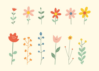 Collection of spring colorful flower elements vector. Set floral of wildflowers, leaf branches, and foliage on a white background. Hand-drawn flower vector illustration.