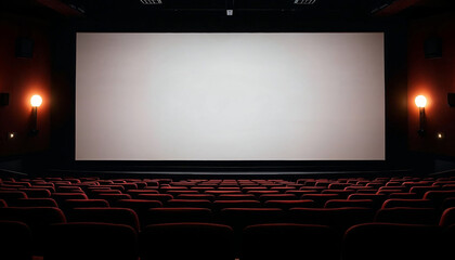 Obraz premium An empty cinema hall with rows of seats, a large white screen, and subtle lighting, ideal for advertising.